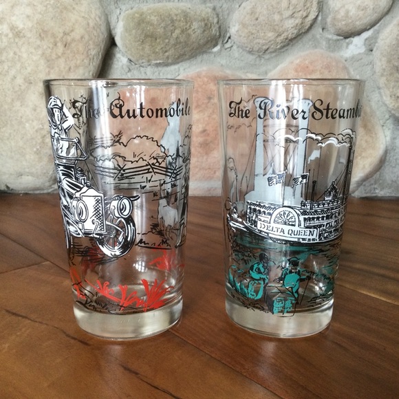 Vintage Hazel Atlas Transportation Glasses Set of 2 - Picture 1 of 4
